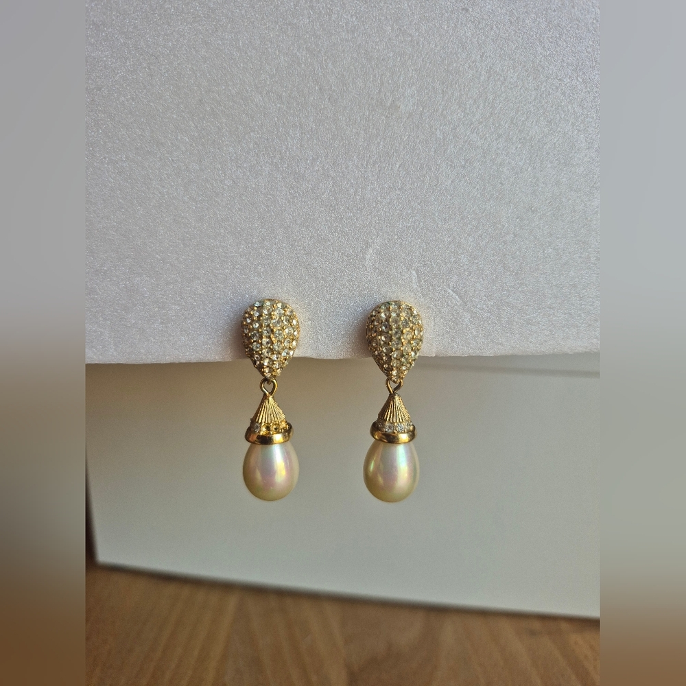 Vintage Christian Dior Gold Tone Rhinestone Faux Pearl Dangle Clip On Earrings